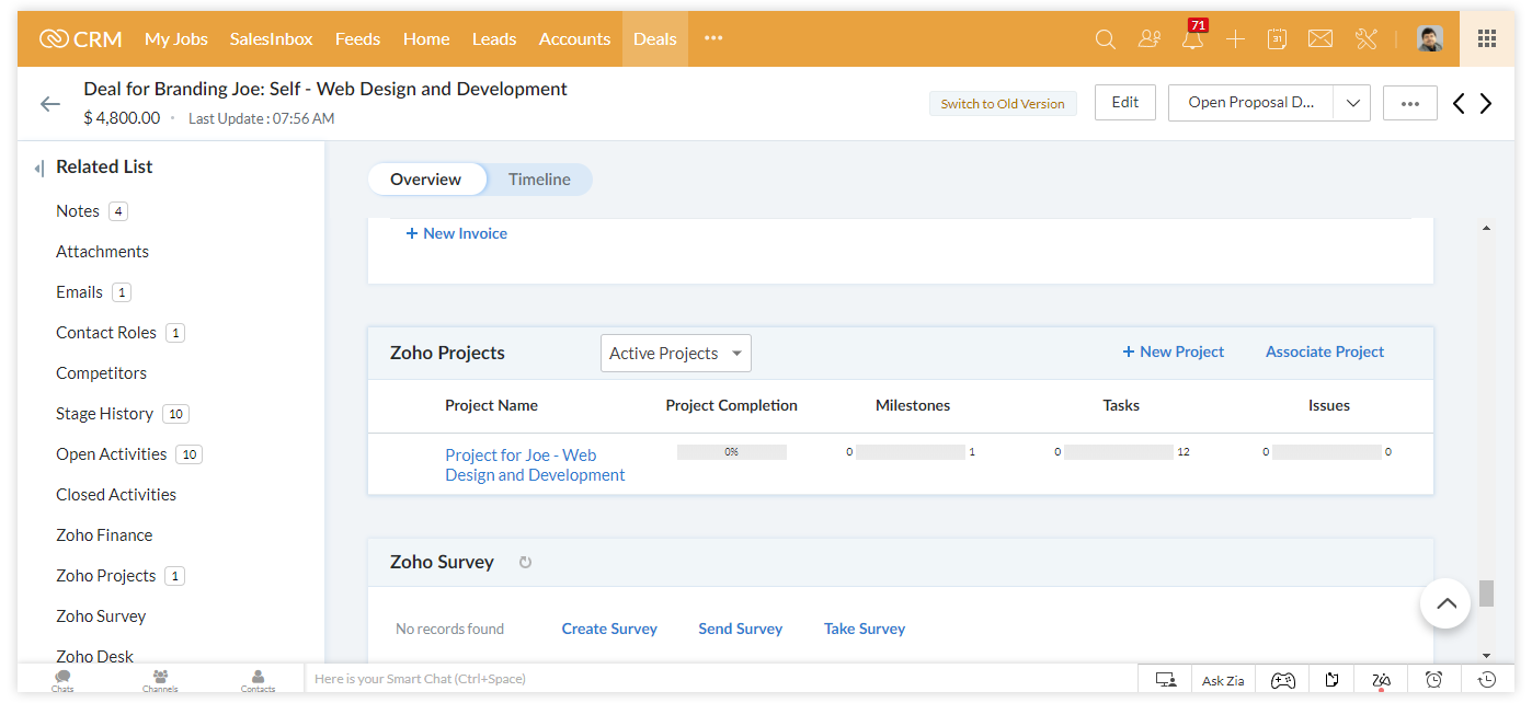 Manage your project via Zoho One for professional services