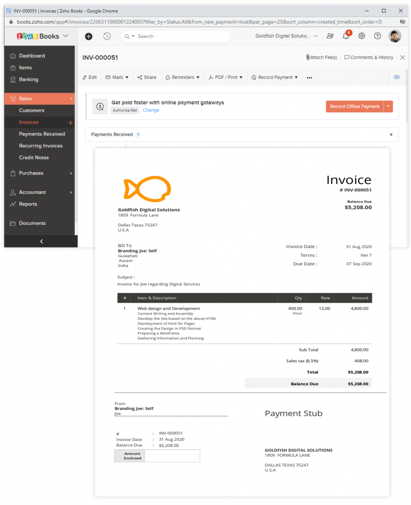 Generate invoice via Zoho One 