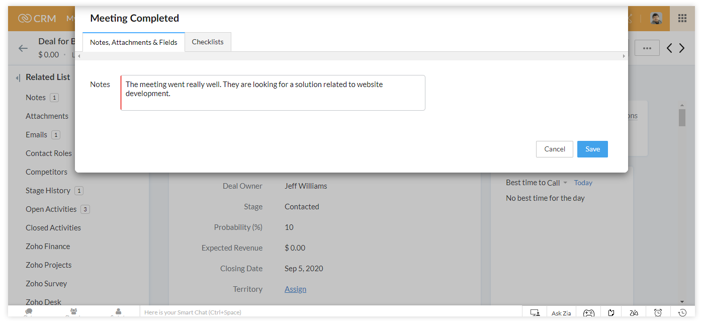 Write notes on CRM built on Zoho One