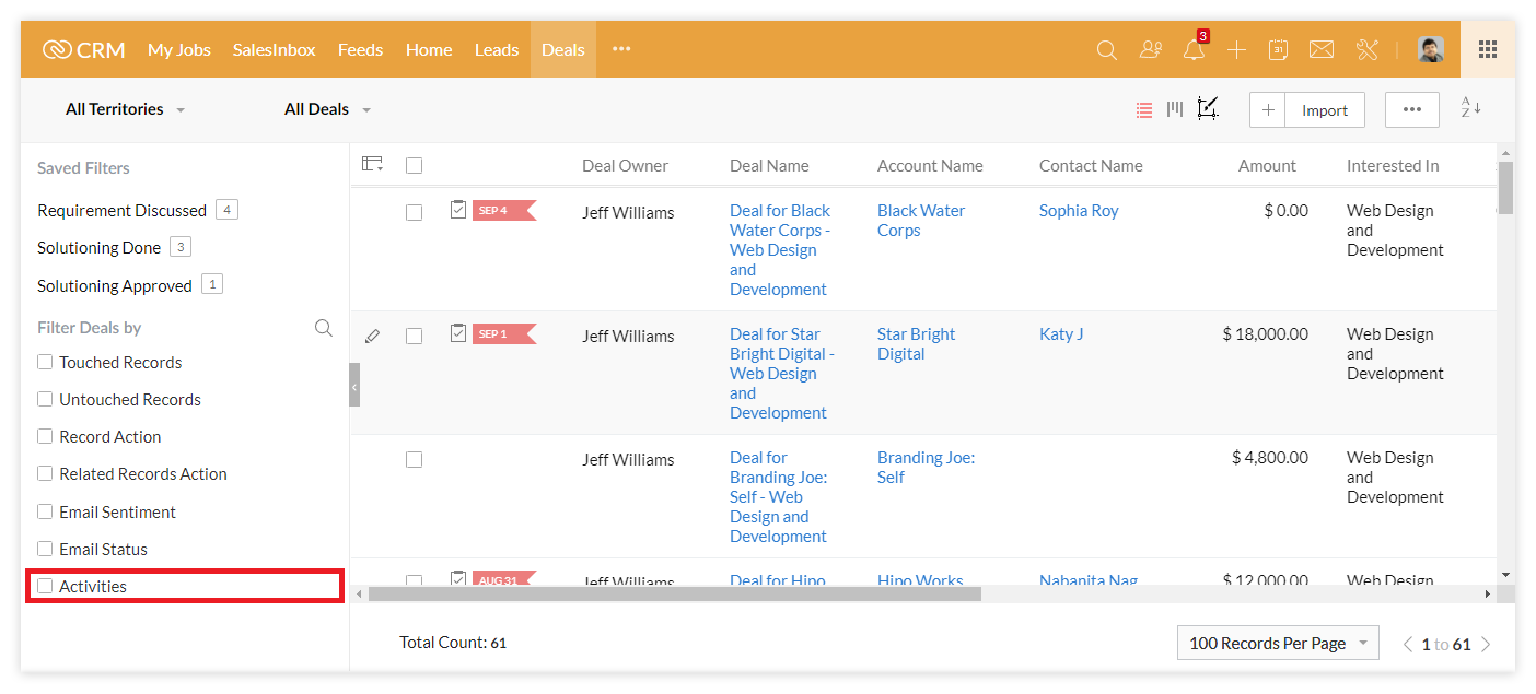 Tracking sales communication via activity filter