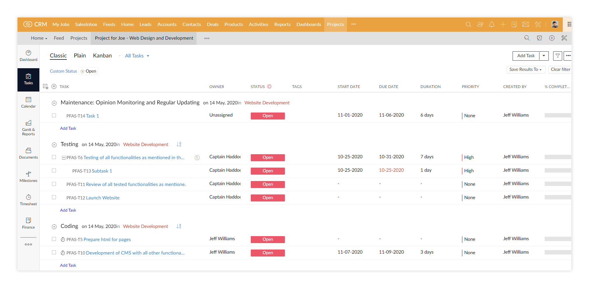 Zoho Projects: project tasks