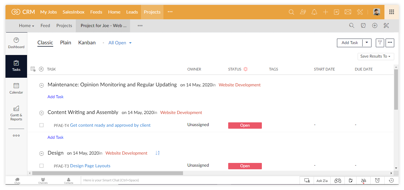 Zoho projects: setting tasks