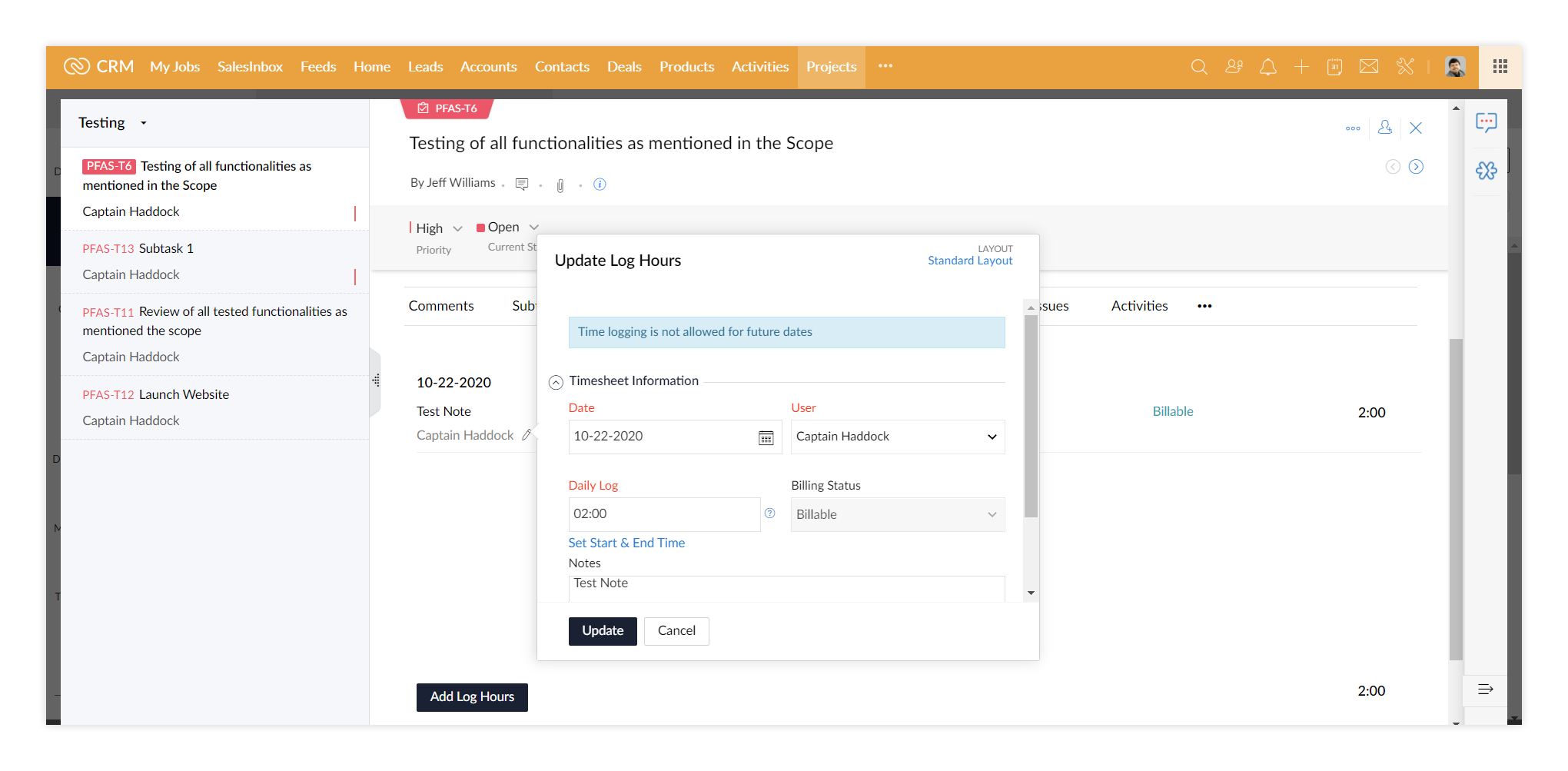 Zoho Projects: project task log hours