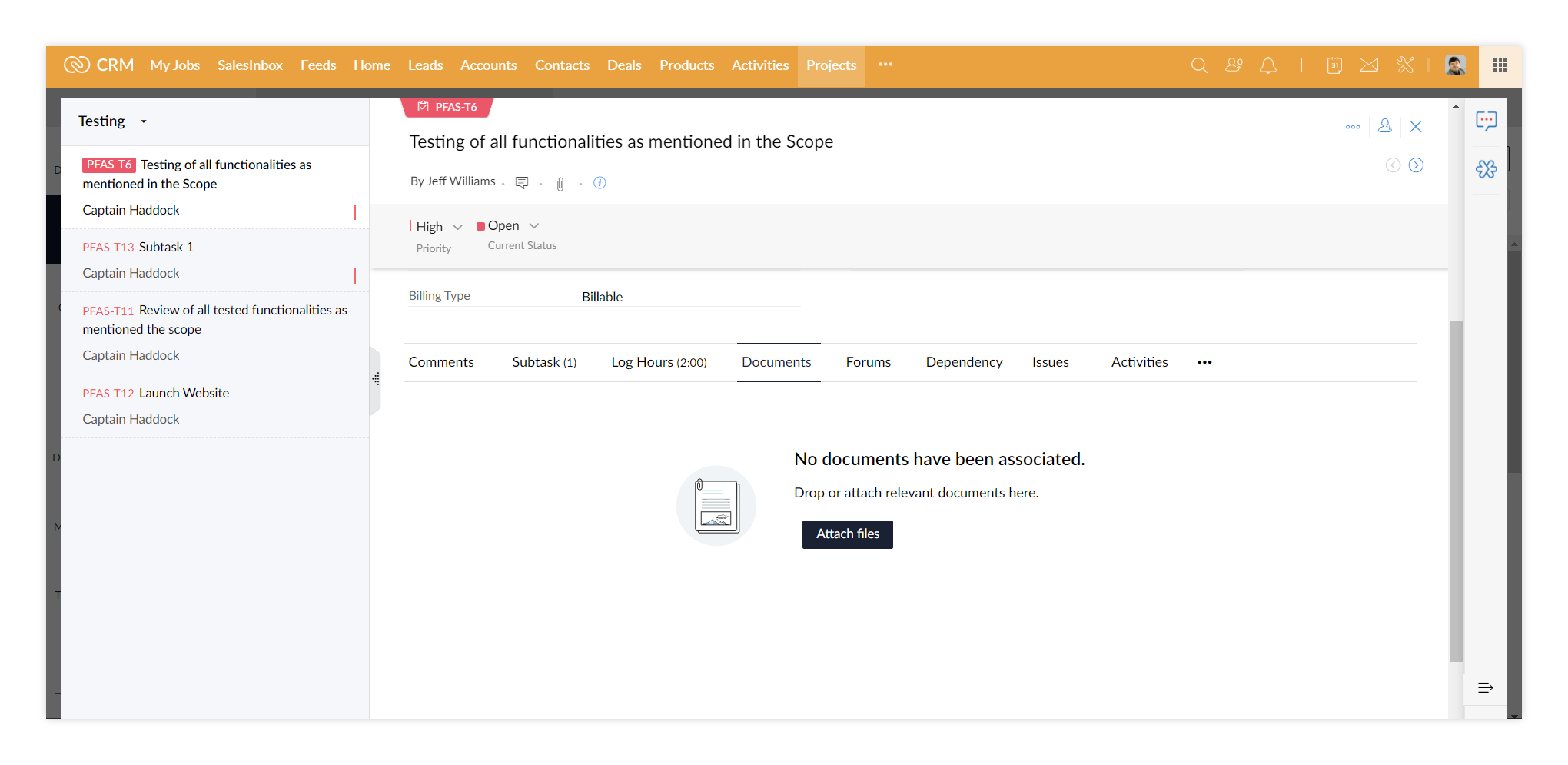 Zoho Projects: project task document attachment