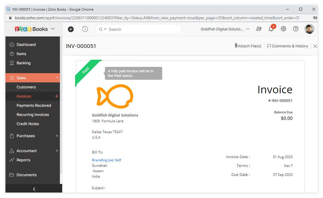 Zoho Books: invoicing