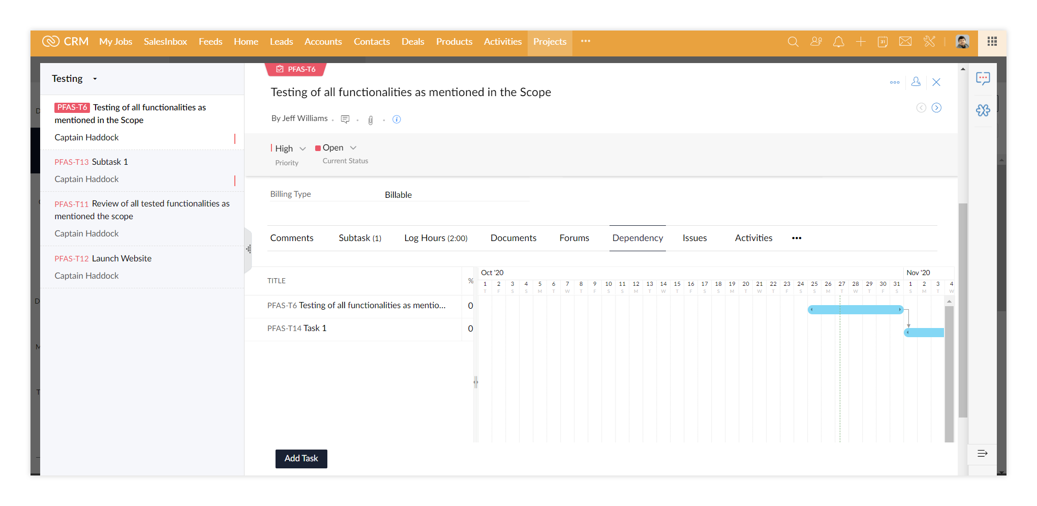 Zoho Projects: task dependency