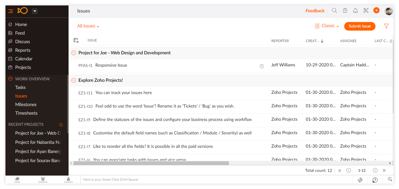 Zoho Projects to check resolve issues