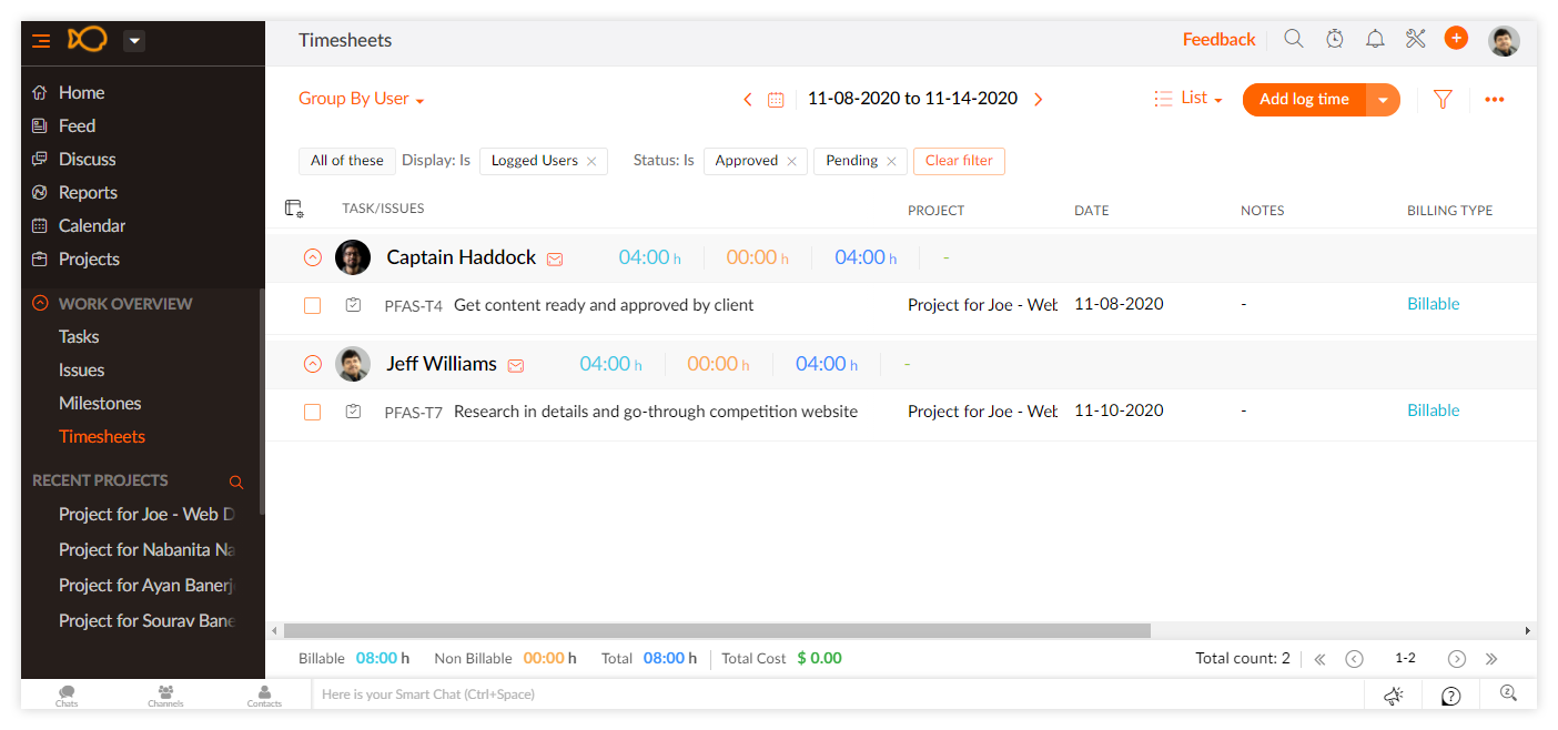 Zoho Projects: Timesheet management