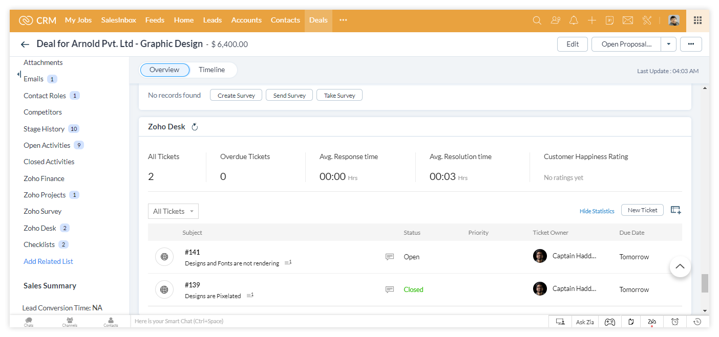 CRM integrated with Zoho Desk for customer service