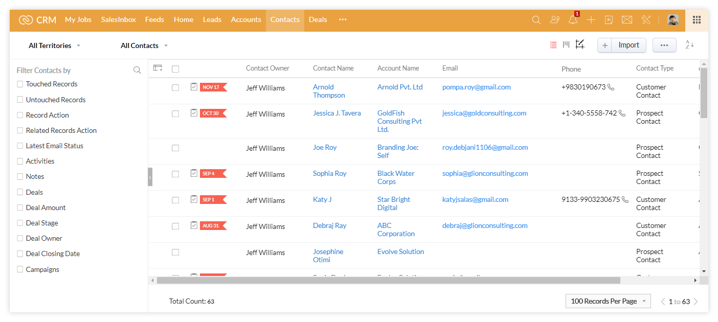 Customer list in Zoho CRM for cross-sell and up-sell