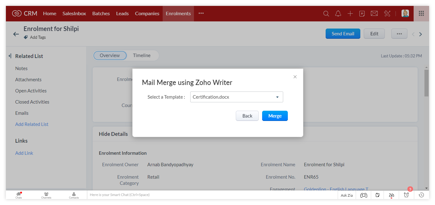 Mail Merge with Zoho Writer to generate a Certificate