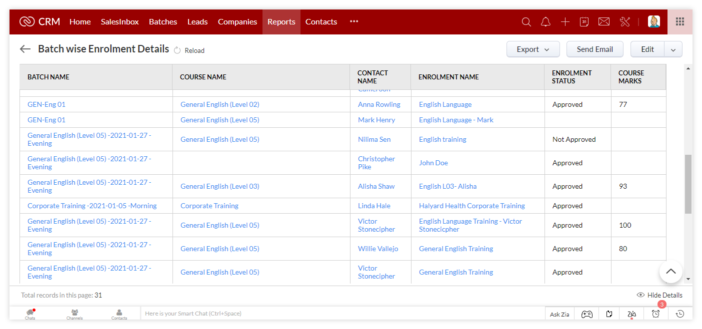 Batch wise enrolment details