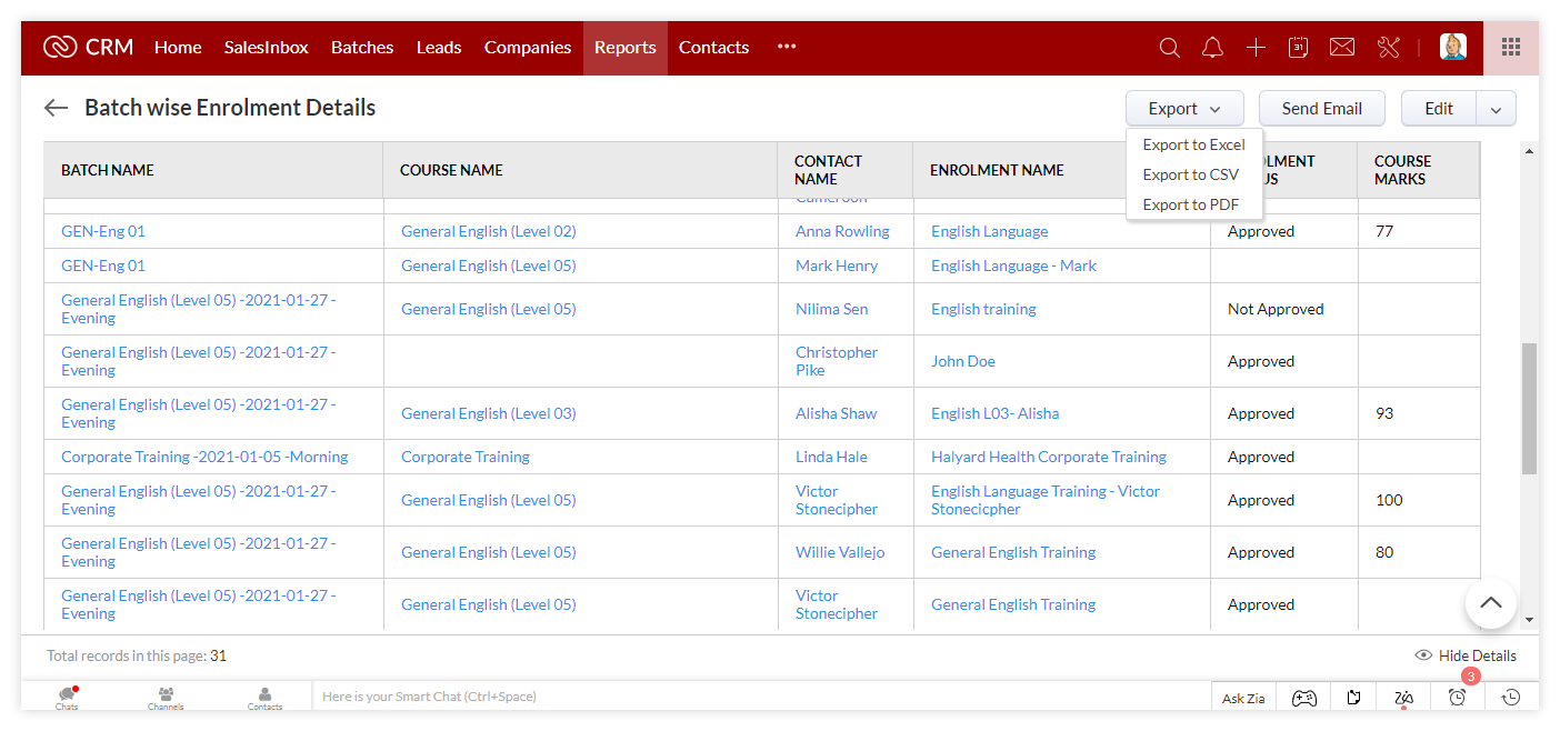 Export Enrolment information in different files