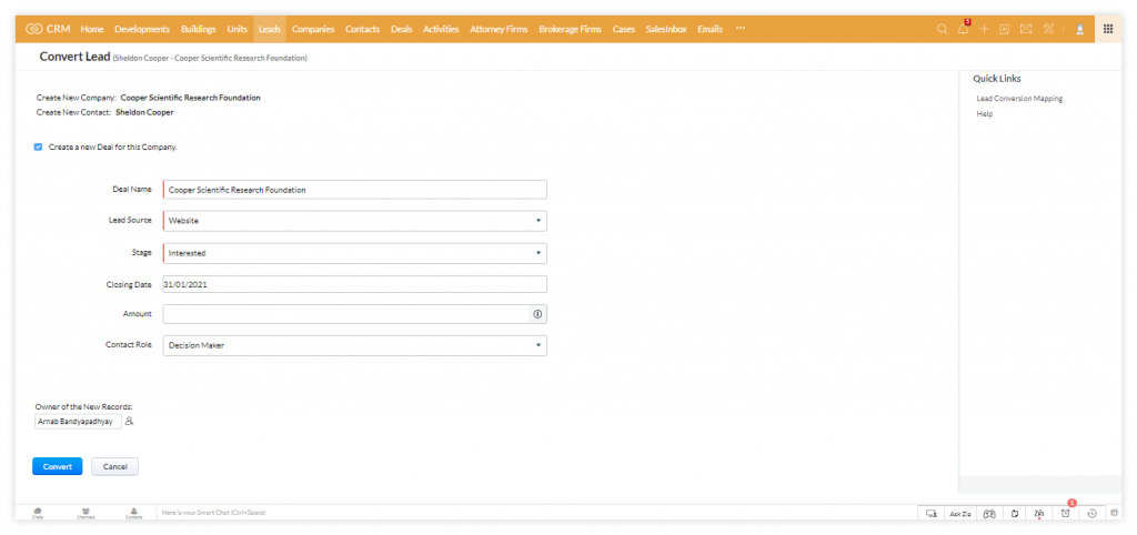 Real Estate Developer CRM Deal stage 1