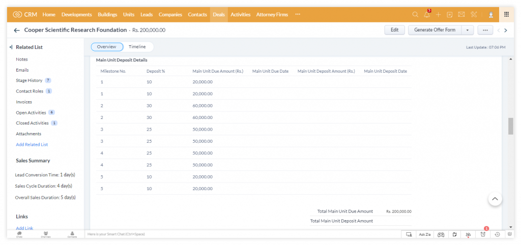 Real Estate Developer CRM Payment Milestone 1