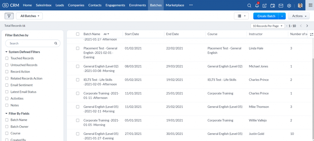 Training Provider CRM- Batches List View