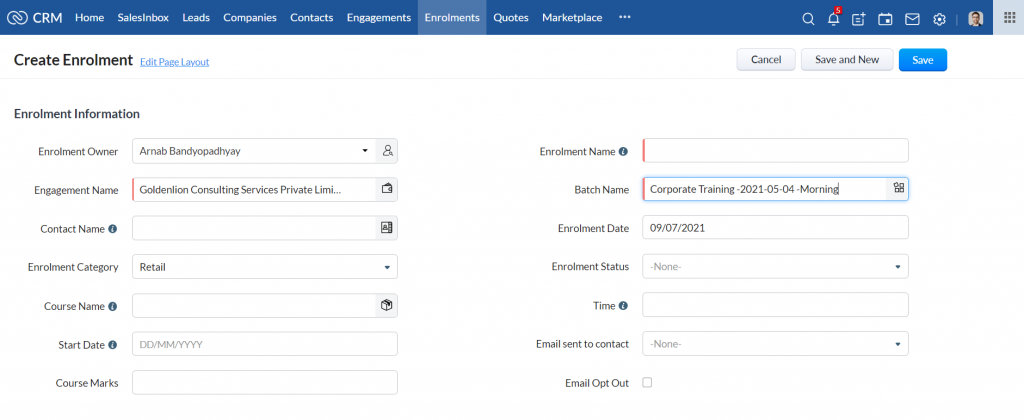 Training Provider CRM- Create Enrolment