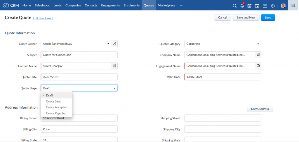 Training Provider CRM- Create Quote