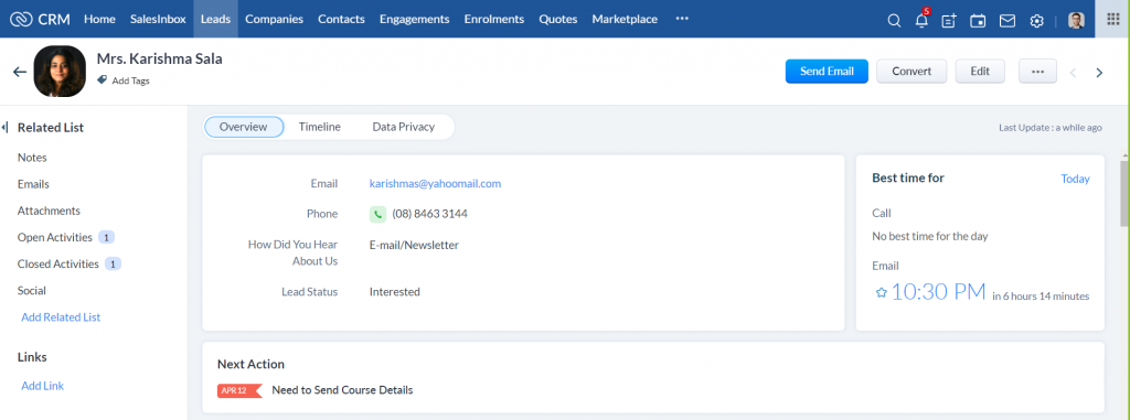 Training Provider CRM- Lead Details