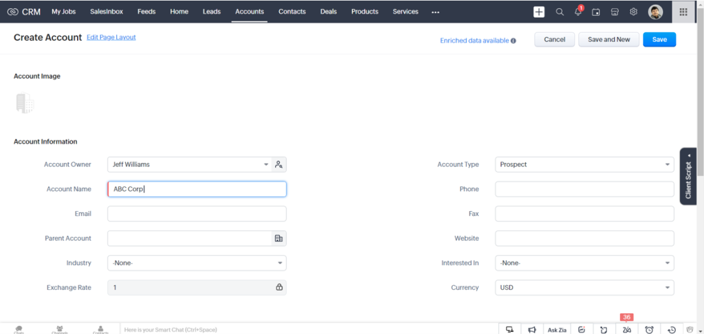 accounts in zoho crm