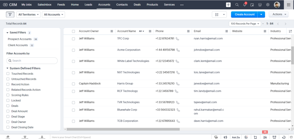 accounts in zoho crm