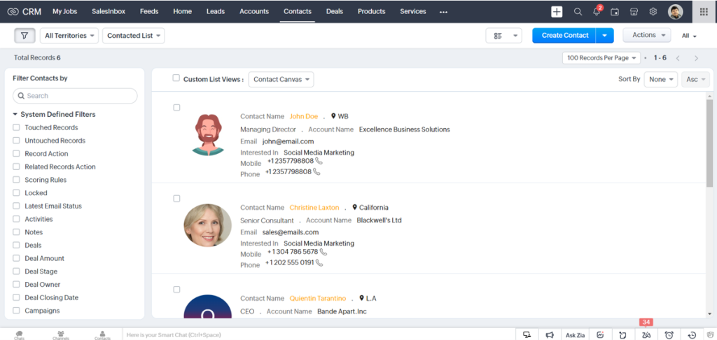 contacts in zoho crm