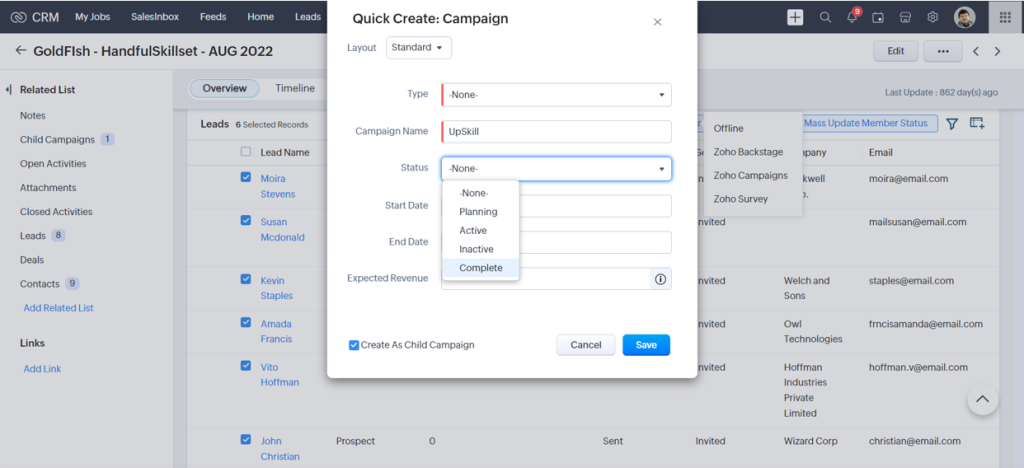 campaigns in zoho crm