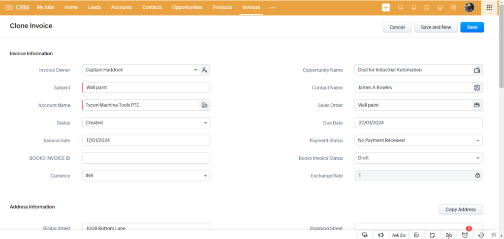 invoice in zoho crm