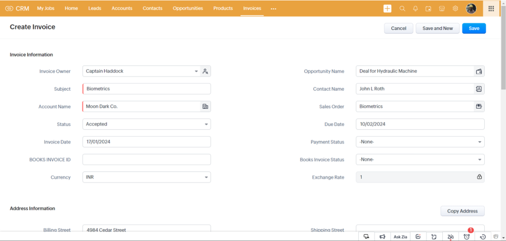 invoice in zoho crm