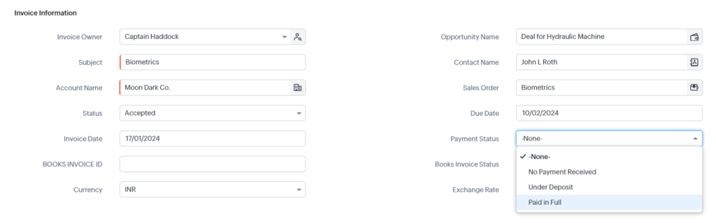 invoice in zoho crm