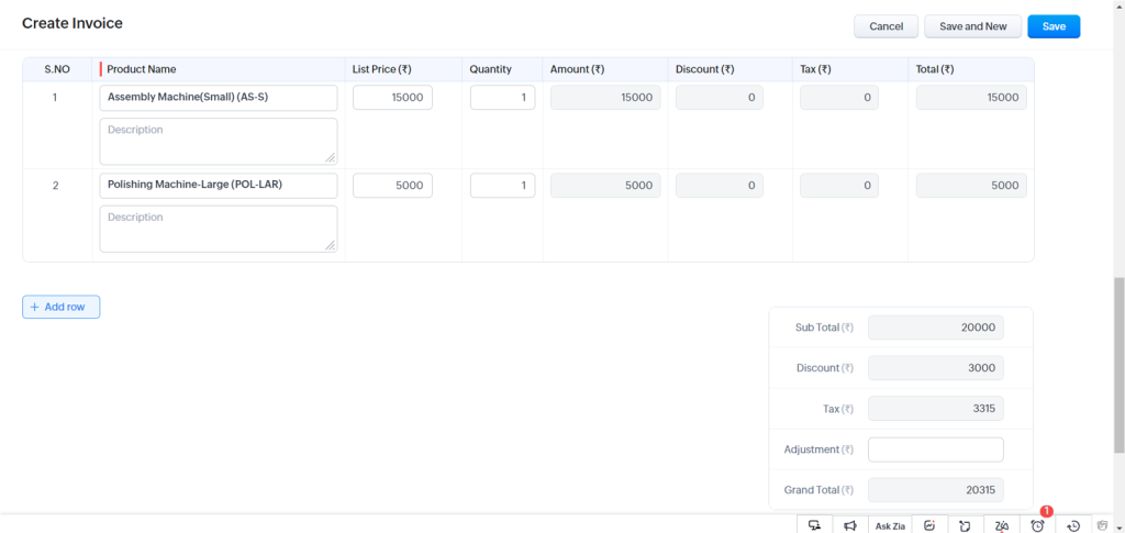 invoice in zoho crm