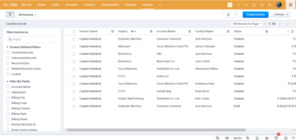 invoice in zoho crm