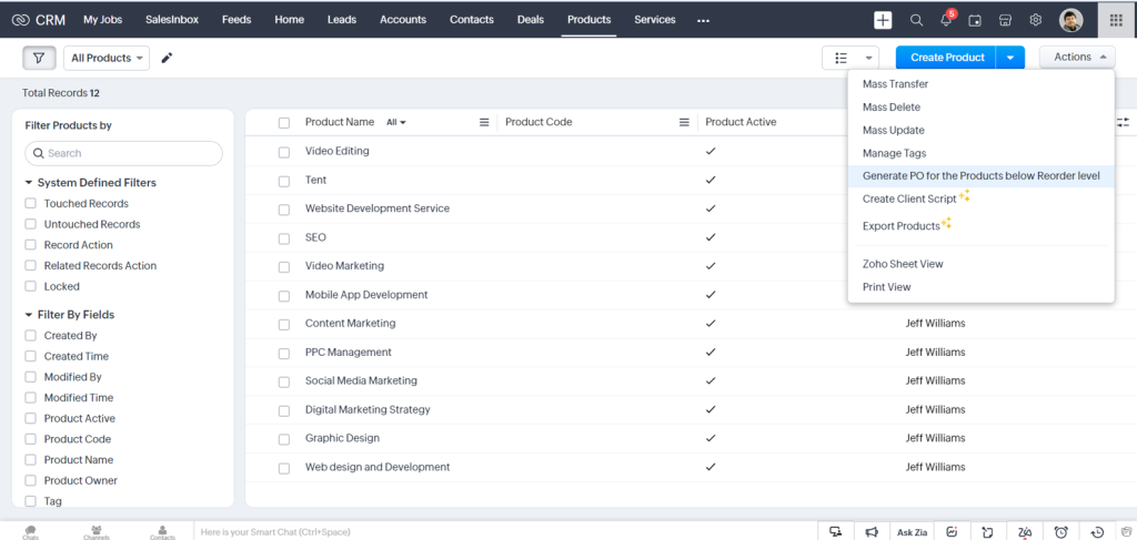 products in zoho crm