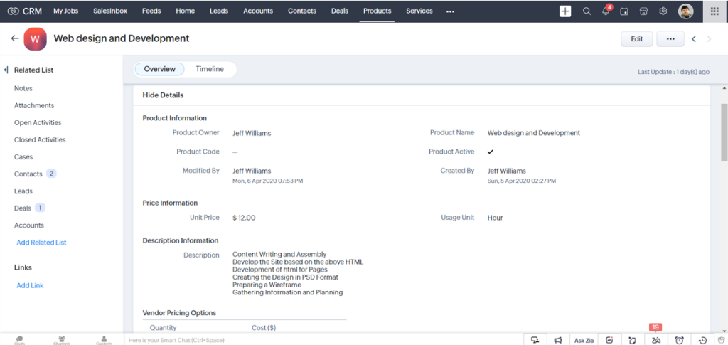 products in zoho crm