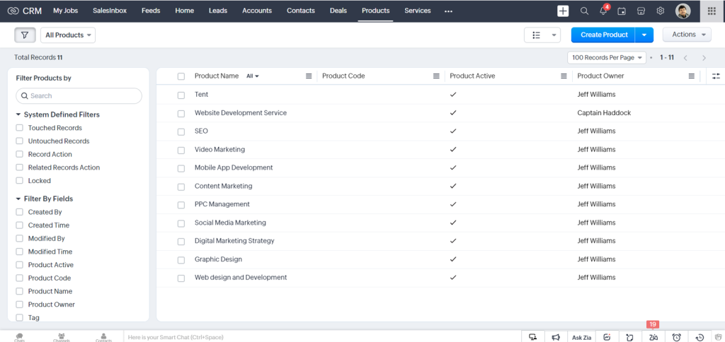 products in zoho crm