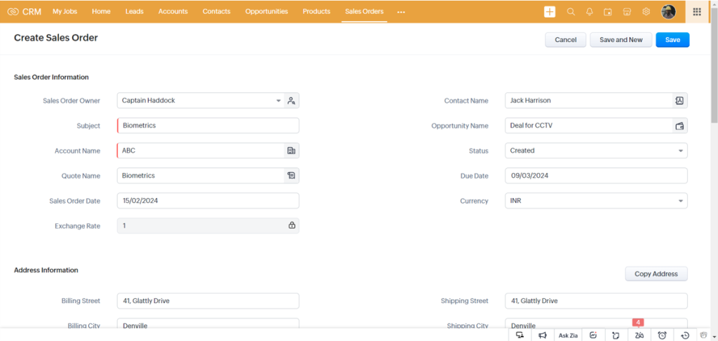 sales order in zoho crm