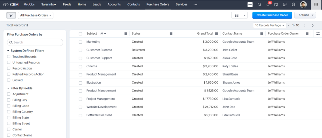 purchase orders in zoho crm