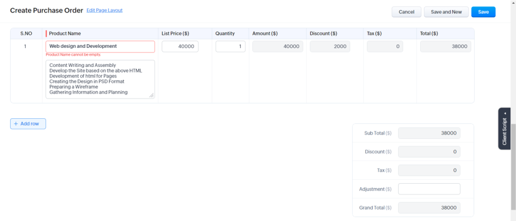 purchase orders in zoho crm