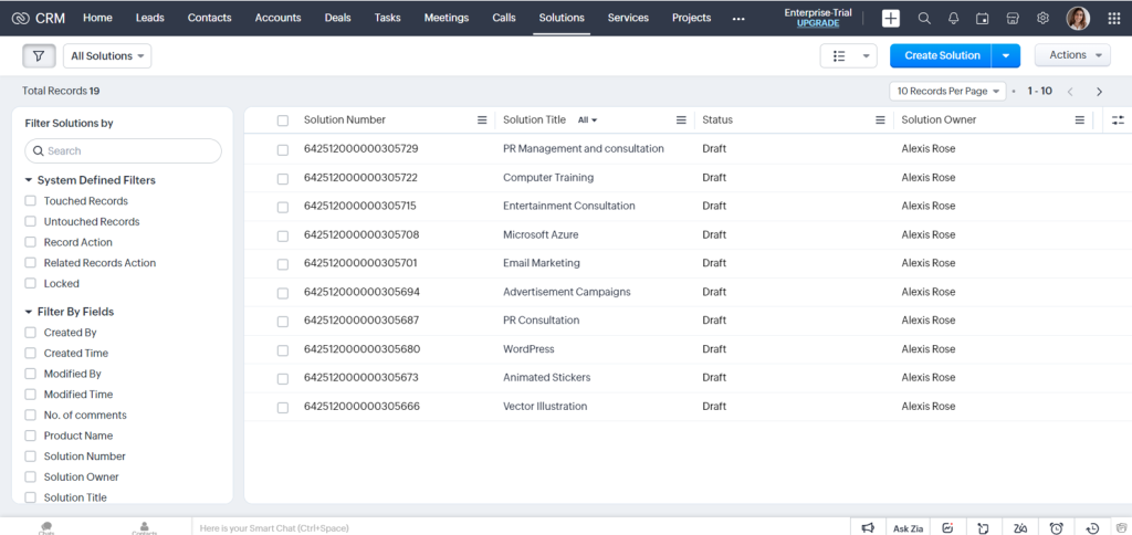 solutions in zoho crm