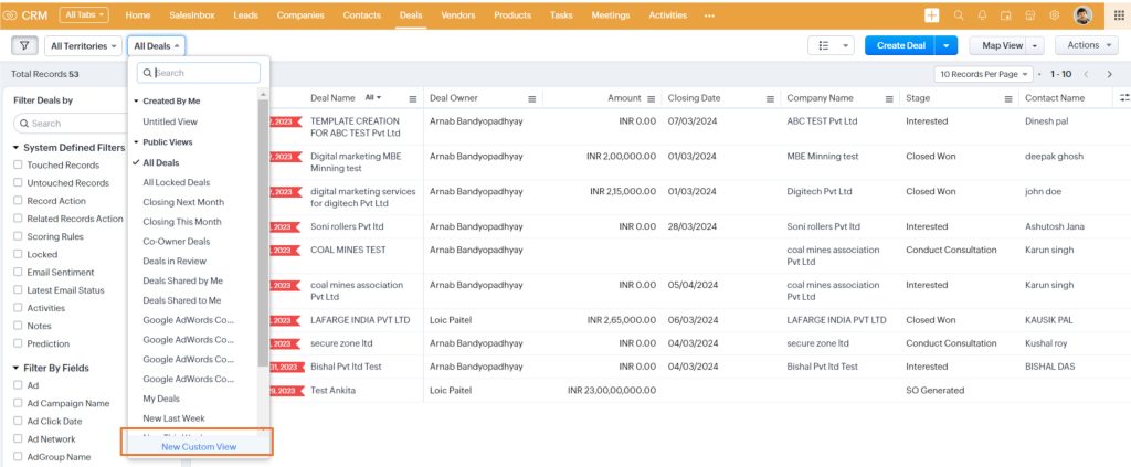 Custom View in Zoho CRM