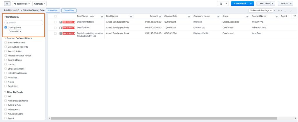 Filtered view Zoho CRM