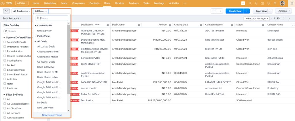 Views in Zoho CRM