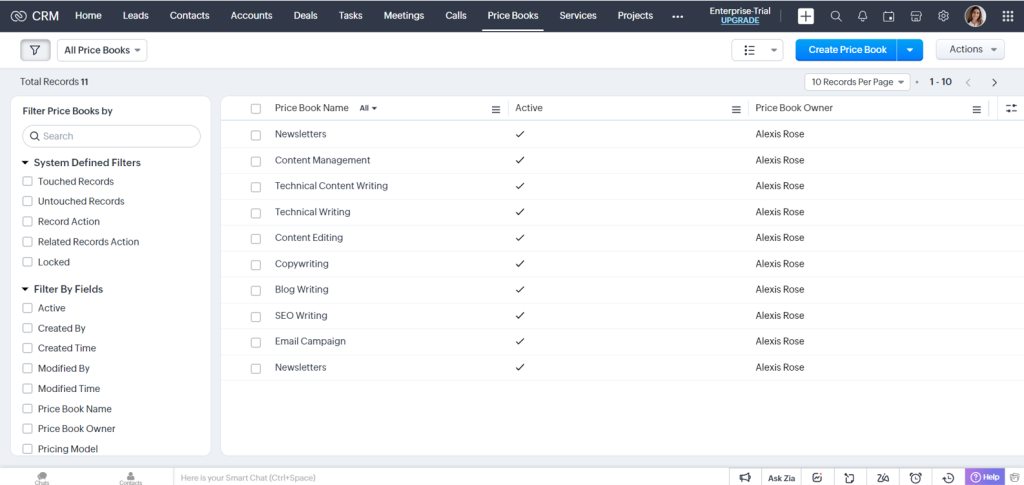 price books in zoho crm