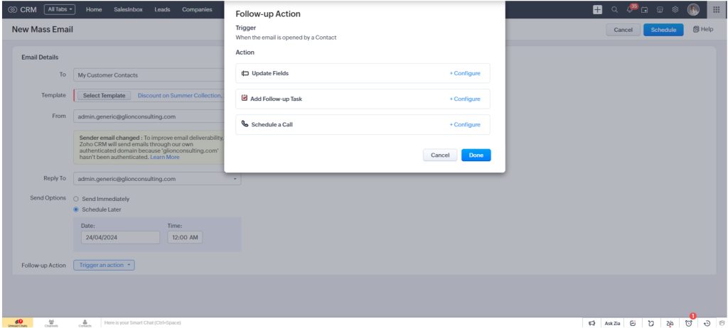 Follow-up actions for Mass Email in Zoho CRM
