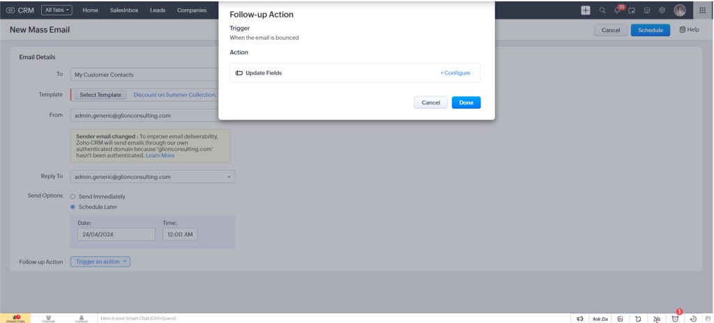 Follow-up actions for Mass Email in Zoho CRM