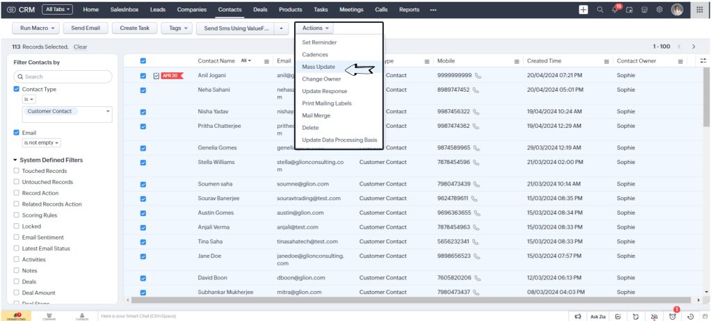 Initiate Mass Update in Zoho CRM