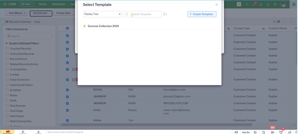 Select Email Template in Zoho CRM