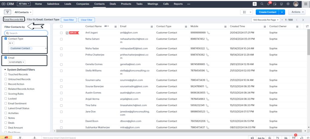 Filtering records in Zoho CRM