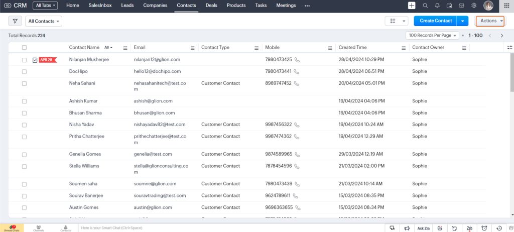 Actions for mass transfer in zoho crm