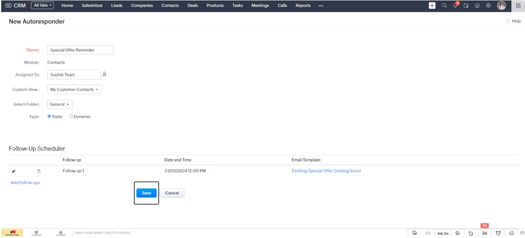 Save Autoresponders in Zoho CRM